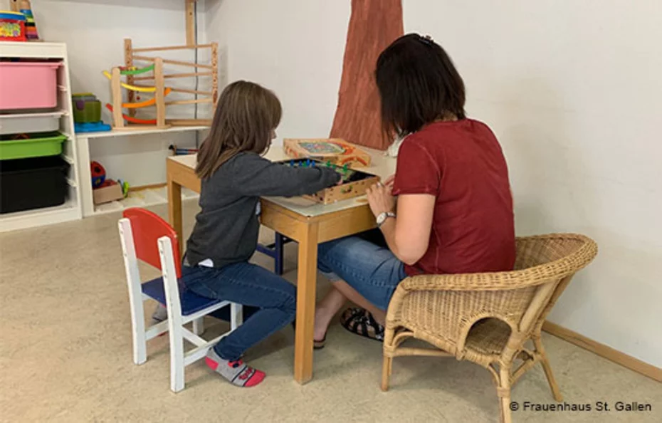 Sicherheit für Kinder in Not Ein Kind und eine Betreuerin spielen gemeinsam in einem geschützten Raum – Kinderhilfe im Frauenhaus bietet Sicherheit und Stabilität in schwierigen Zeiten.